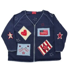 Navy Blue Women's Cardigan with Patriotic Patches